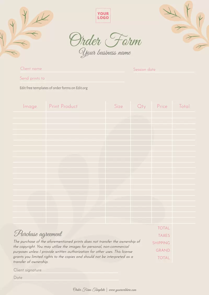 Printable service work order template